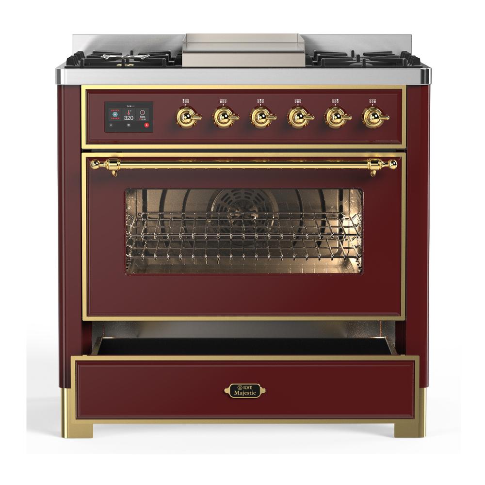 ILVE UM36FNR3BUGLP Majestic III 36 inch Dual Fuel Range with 6 Black Brass Burners and Griddle, Dual Function Burner up to 25,000 BTU (Triple Glass Door, Burgundy, Brass, Liquid Propane)
