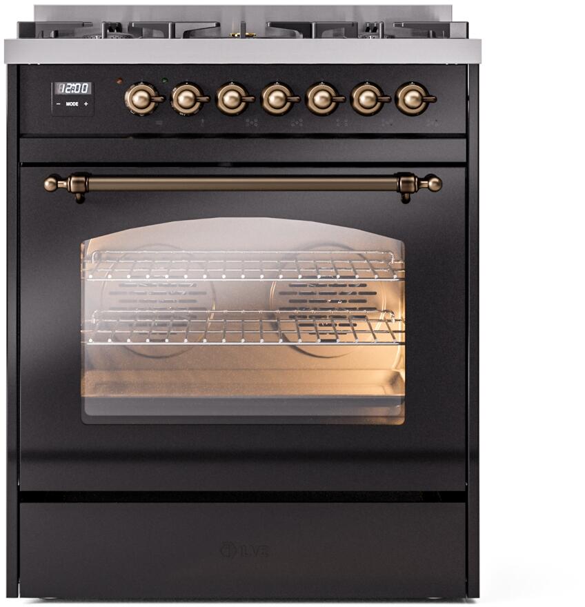 Nostalgie II 30 Inch Dual Fuel Natural Gas Freestanding Range in Glossy Black with Bronze Trim