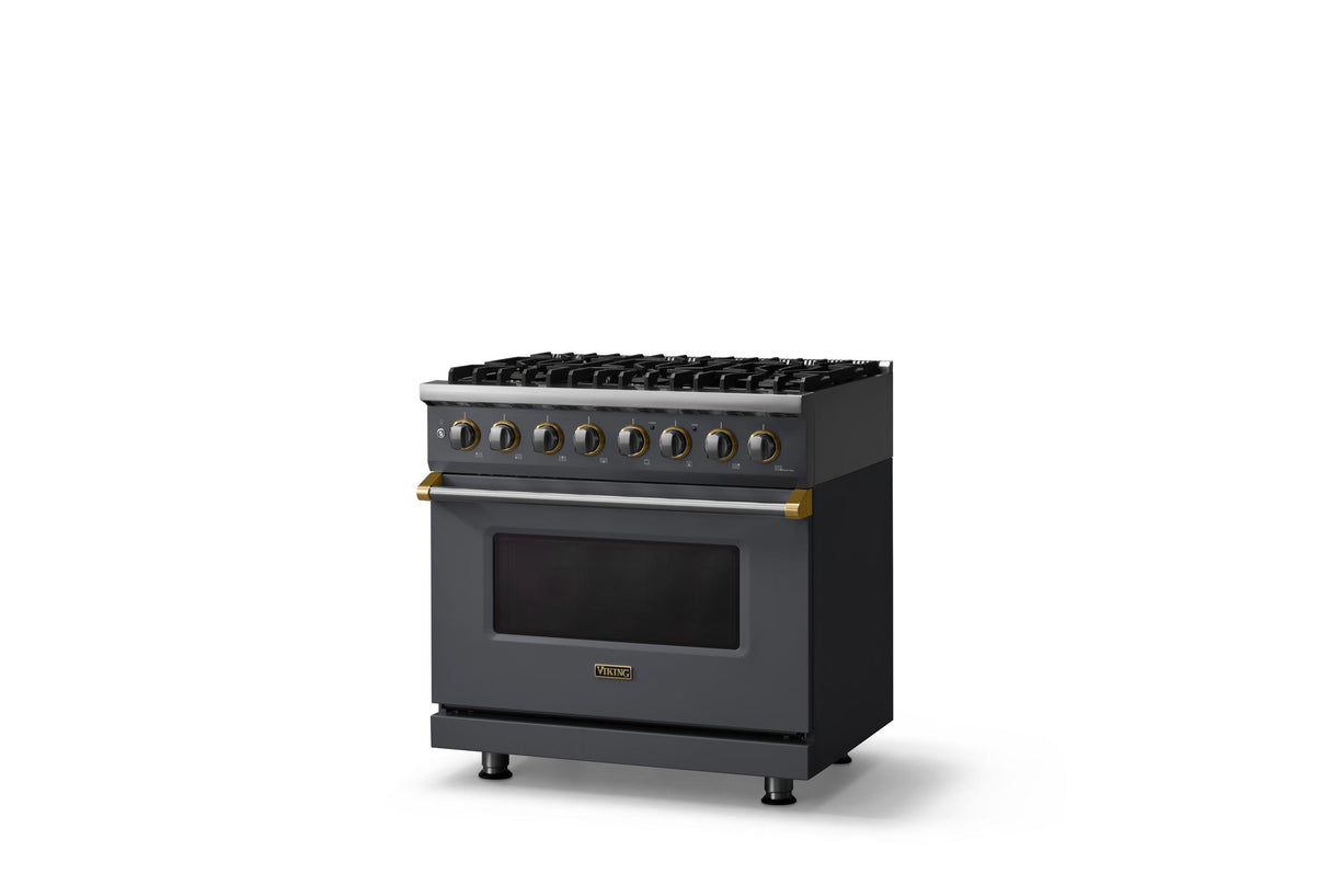 36"W. Dual Fuel Range (Burner: 6b, Finish: Cast Black, Trim: Brushed Brass, Fuel: Natural Gas)