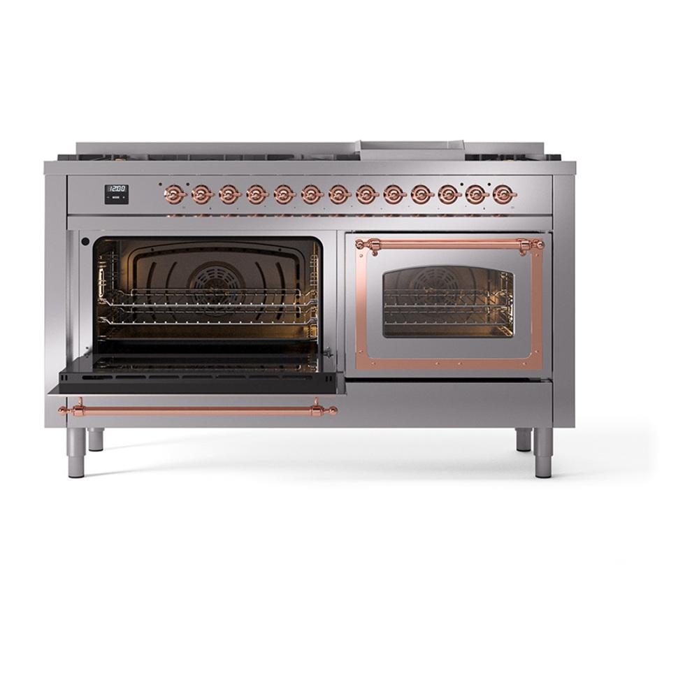 ILVE UN60FNMPSSP Nostalgie II Noblesse 60 inch Dual Fuel Range (9 Sealed Burners + Griddle, Natural Gas, Triple Glass Door, Stainless Steel, Copper)