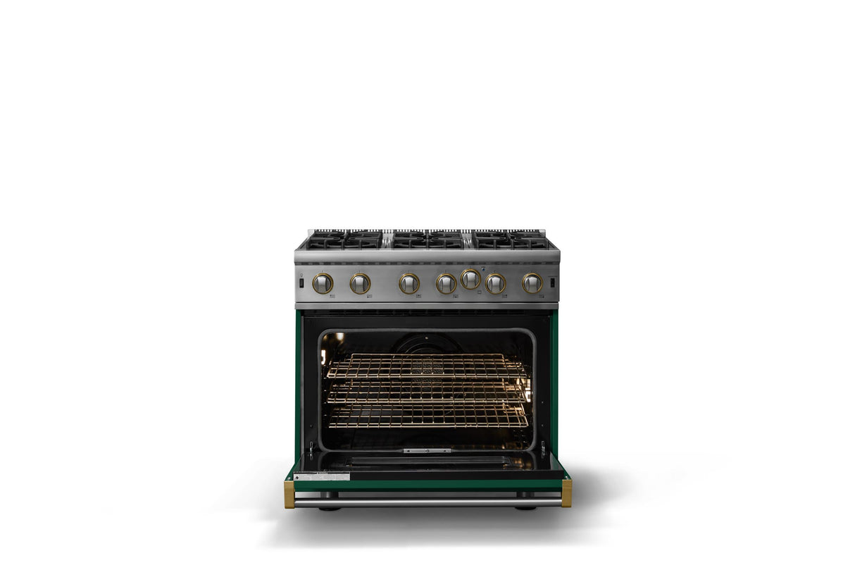 36"W. Open Burner Gas Range (Finish: Ivy, Trim: Brushed Brass, Fuel: Natural Gas)