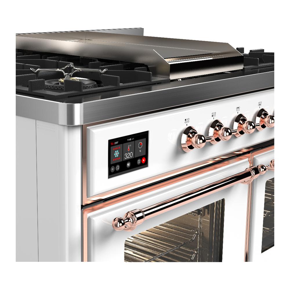 ILVE UMD40FNR3WHP Majestic III 40 inch Dual Fuel Range with 6 Burners and Griddle, Dual Function Burner up to 25,000 BTU (Natural Gas, Triple Glass Door, White, Copper)
