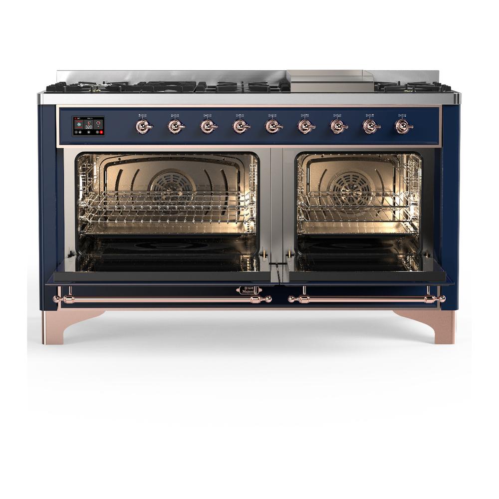 ILVE UM60FQNR3MBPLP Majestic III 60 inch Dual Fuel Range with 9 Burners and Griddle, Dual Function Burner up to 25,000 BTU (Liquid Propane, Solid Door, Midnight Blue, Copper)