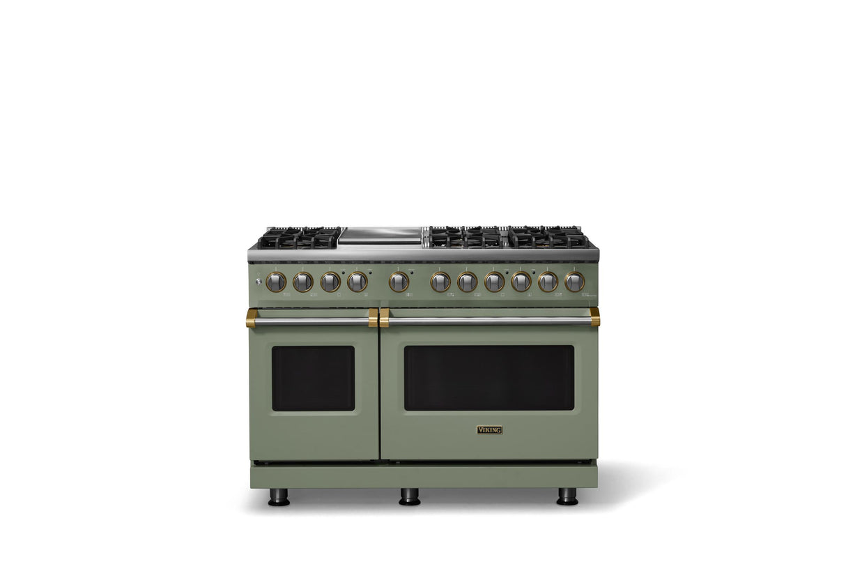 48"W. Dual Fuel Range (Burner: 6g, Finish: Eucalyptus, Trim: Brushed Brass, Fuel: Propane)