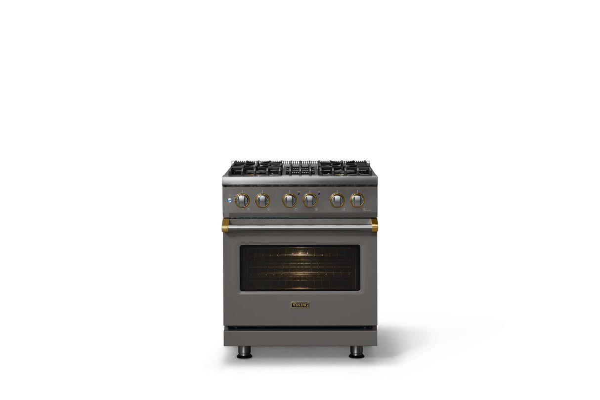 30"W. Dual Fuel Range (Finish: Damascus Gray, Trim: Brushed Brass, Fuel: Propane)