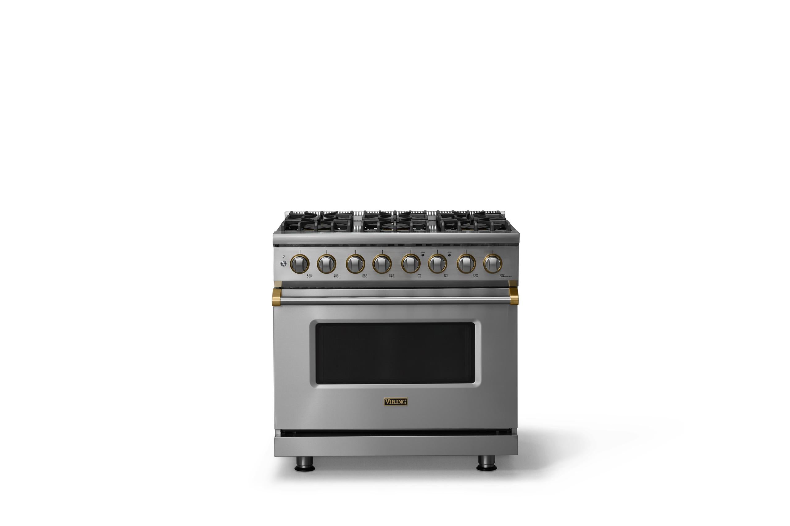 36"W. Dual Fuel Range (Burner: 6b, Finish: Stainless Steel, Trim: Brushed Brass, Fuel: Natural Gas)