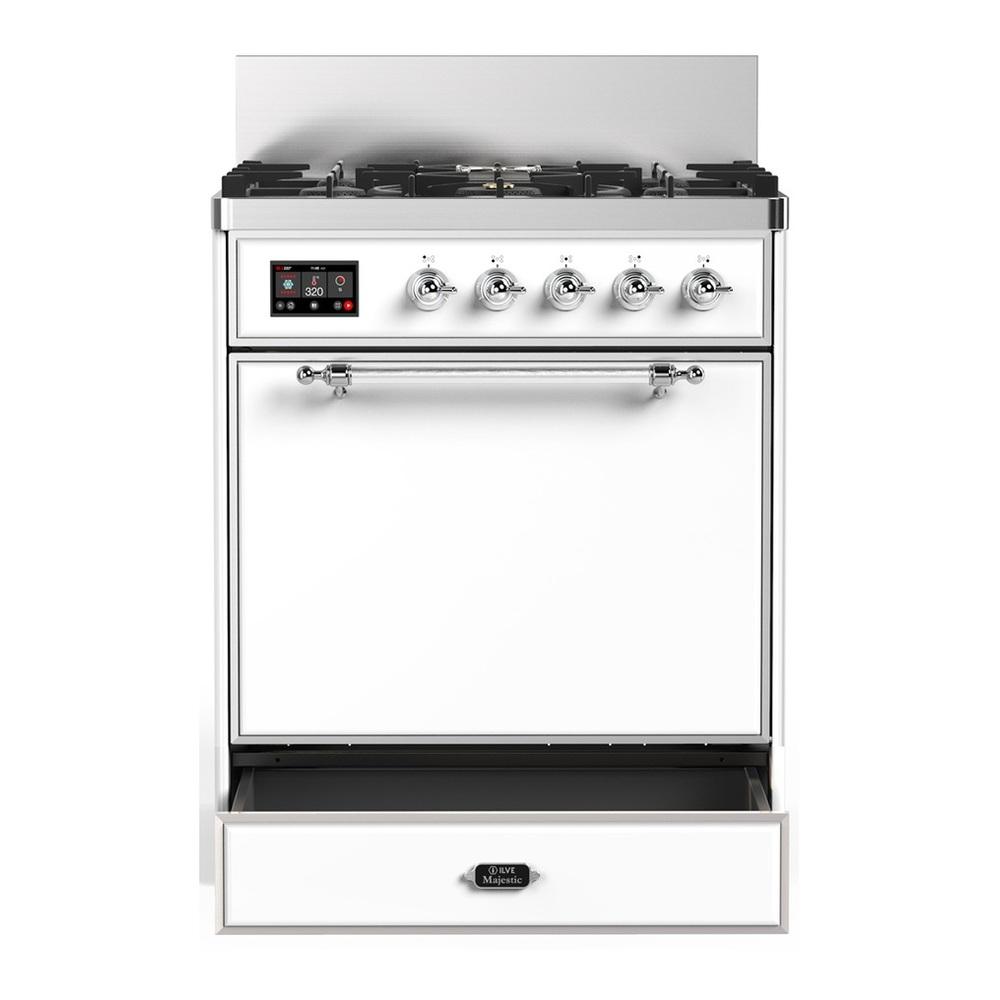 ILVE UM30QNR3WHC Majestic III 30 inch Dual Fuel Range with 5 Black Brass Burners, Dual Function Burner up to 25,000 BTU (Natural Gas, Solid Door, White, Chrome)
