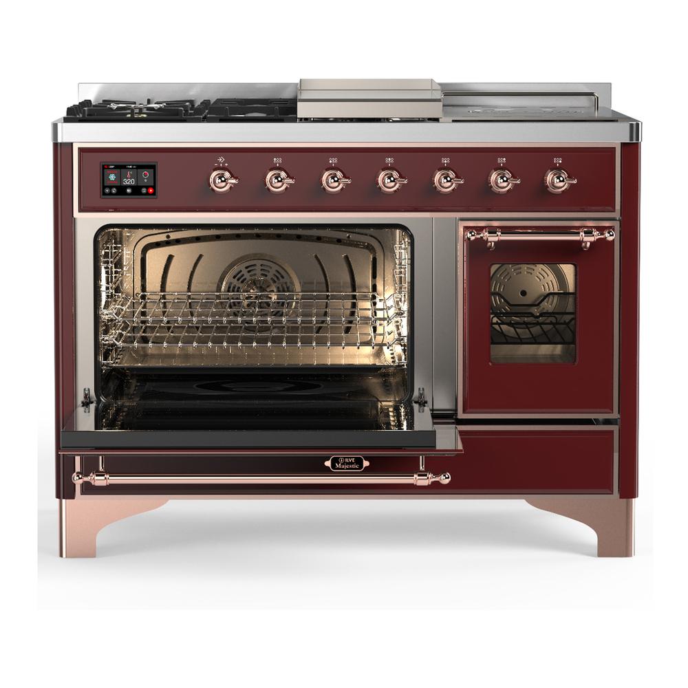 ILVE UM48FSNR3BUPLP Majestic III 48 inch Dual Fuel Range with 5 Black Brass Burners, Griddle and French Top, Dual Function Burner up to 25,000 BTU (Liquid Propane, Triple Glass Door, Burgundy, Copper)