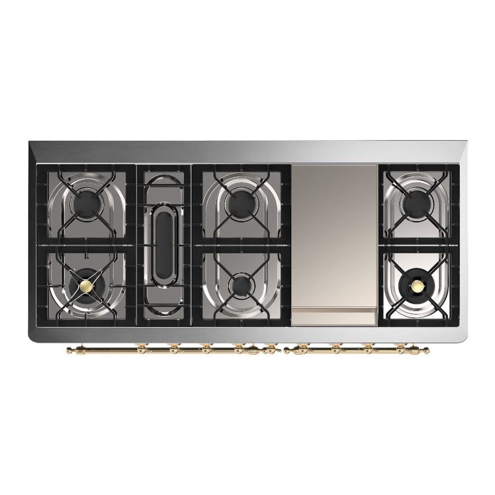 ILVE UM60FNR3AWG Majestic III 60 inch Dual Fuel Range with 9 Burners and Griddle, Dual Function Burner up to 25,000 BTU (Natural Gas, Triple Glass Door, Antique White, Brass)