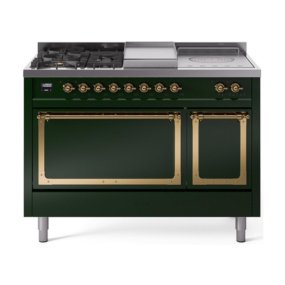 ILVE UN48FSQNMPEGG Nostalgie II Noblesse 48 inch Dual Fuel Range (5 Sealed Burners + Griddle + French Top, Natural Gas, Solid Door, Emerald Green, Brass)