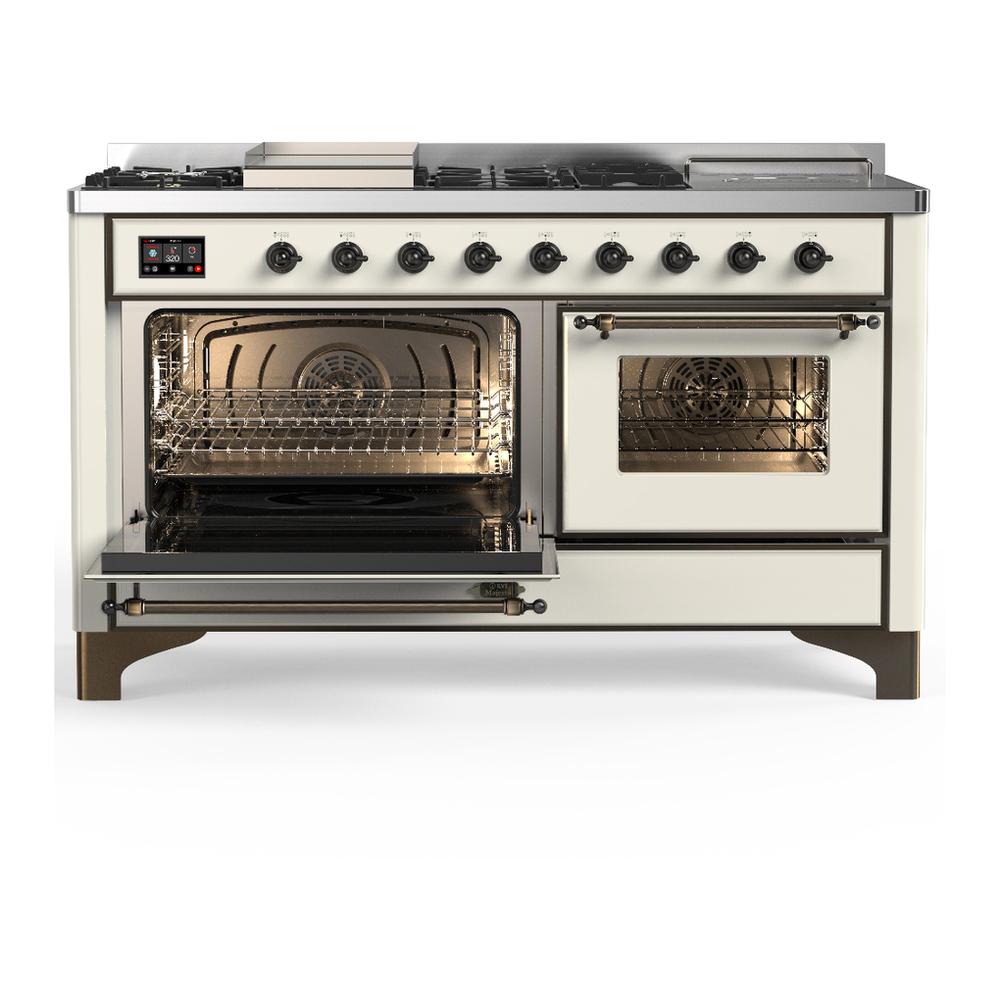 ILVE UM60FSNR3AWB Majestic III 60 inch Dual Fuel Range with 7 Burners, Griddle and French Top, Dual Function Burner with up to 25,000 BTU (Natural Gas, Triple Glass Door, Antique White, Burnished)