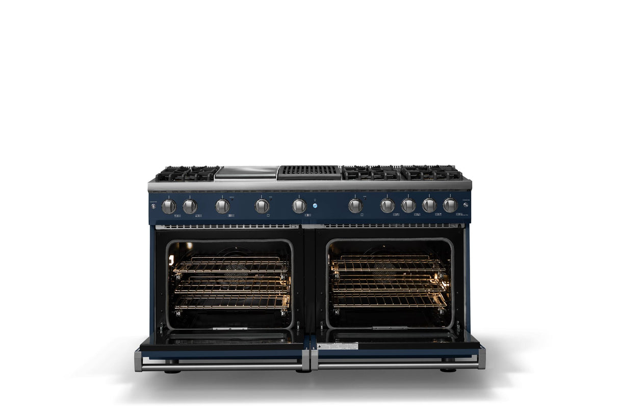 60"W. Sealed Burner Gas Range (Finish: Slate Blue, Trim: Polished Chrome, Fuel: Natural Gas)
