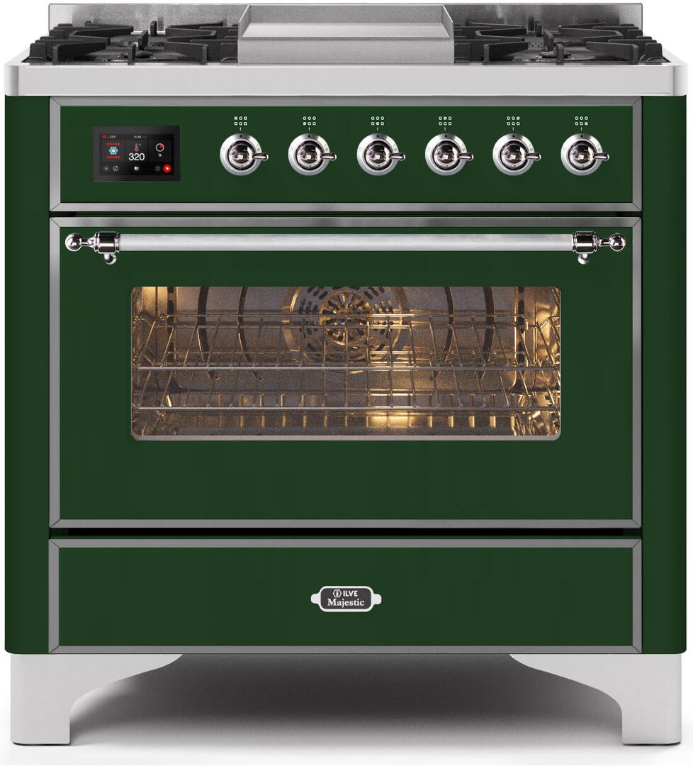 Majestic II 36 Inch Dual Fuel Natural Gas Freestanding Range in Emerald Green with Chrome Trim