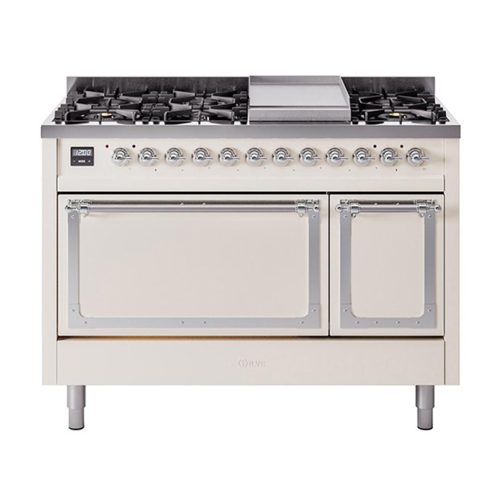 ILVE UN48FQNMPAWC Nostalgie II Noblesse 48 inch Dual Fuel Range (8 Sealed Burners + Griddle, Natural Gas, Solid Door, Antique White, Chrome)