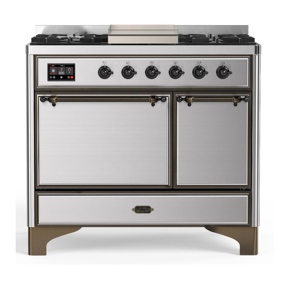 ILVE UMD40FQNR3SSB Majestic III 40 inch Dual Fuel Range with 6 Burners and Griddle, Dual Function Burner up to 25,000 BTU (Natural Gas, Solid Door, Stainless Steel, Burnished)