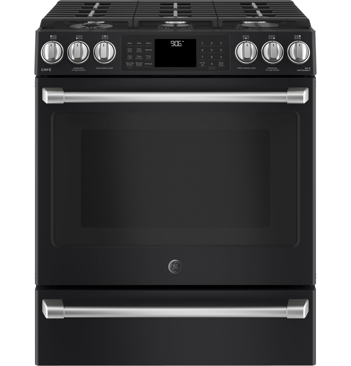 GE Café Series 30" Slide-In Front Control Range with Warming Drawer