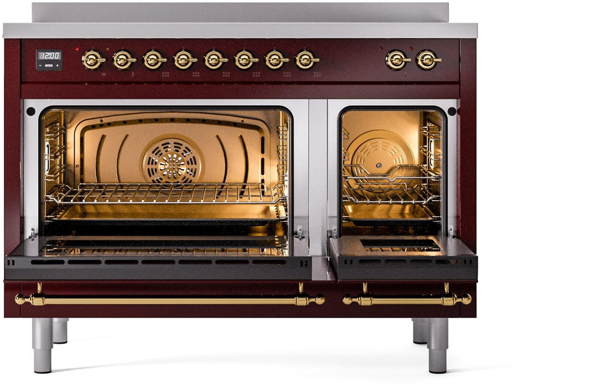 Nostalgie II 48 Inch Electric Freestanding Range in Burgundy with Brass Trim