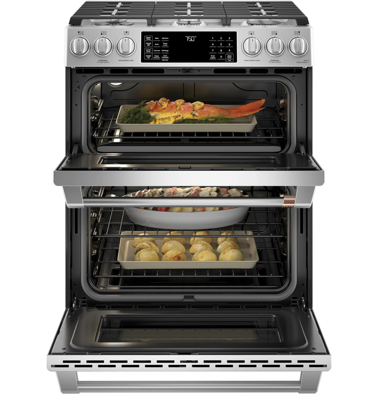 Café 30" Smart Slide-In, Front-Control, Gas Double-Oven Range with Convection