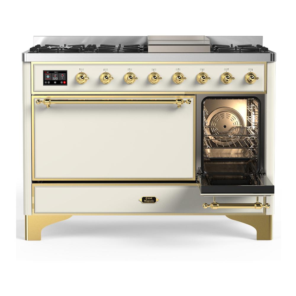ILVE UM48FQNR3AWG Majestic III 48 inch Dual Fuel Range with 8 Burners and Griddle, Dual Function Burner up to 25,000 BTU (Natural Gas, Solid Door, Antique White, Brass)