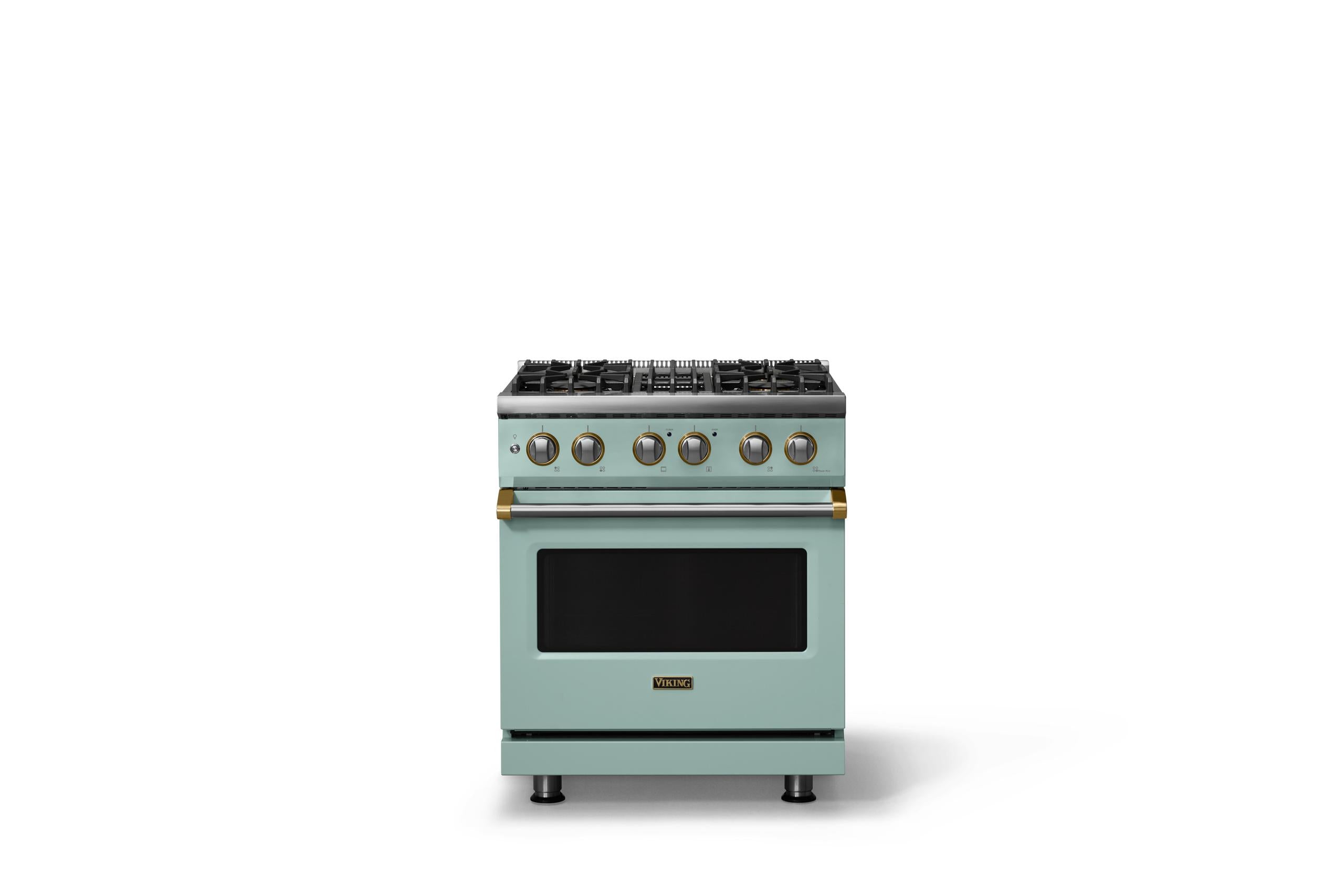30"W. Dual Fuel Range (Finish: Splash, Trim: Brushed Brass, Fuel: Natural Gas)