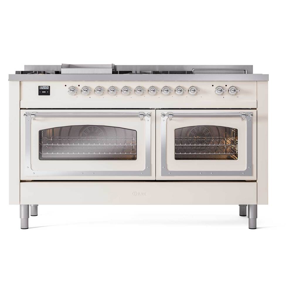 ILVE UN60FSNMPAWCLP Nostalgie II Noblesse 60 inch Dual Fuel Range (7 Sealed Burners + Griddle + French Top, Liquid Propane, Triple Glass Door, Antique White, Chrome)