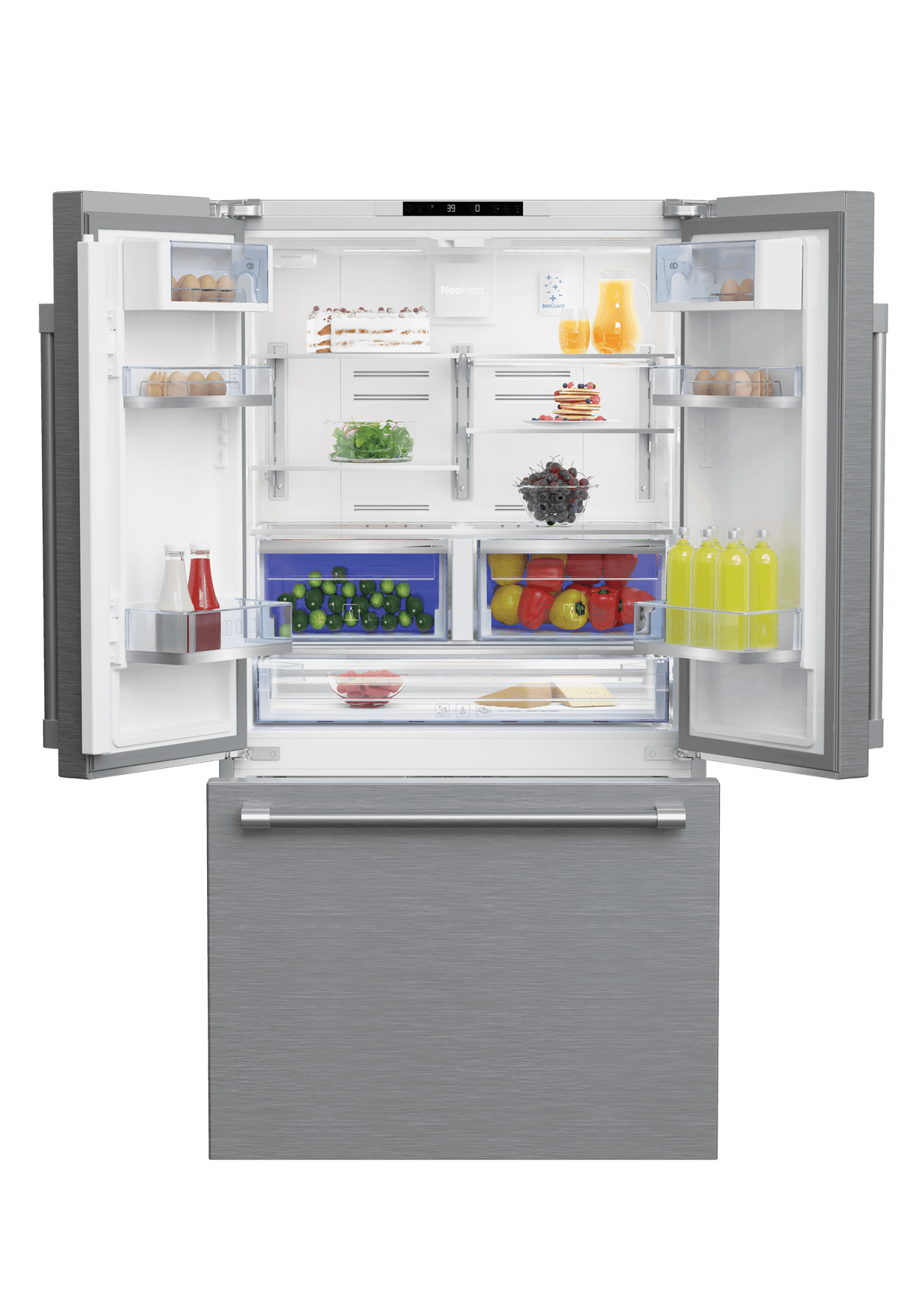 36" French Three-Door Stainless Steel Refrigerator with auto Ice Maker, Water Dispenser