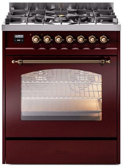 Nostalgie II 30 Inch Dual Fuel Liquid Propane Freestanding Range in Burgundy with Bronze Trim