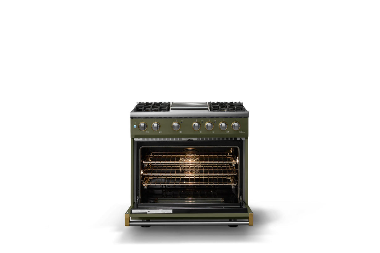 36"W. Dual Fuel Range (Burner: 4g, Finish: Martini, Trim: Brushed Brass, Fuel: Natural Gas)