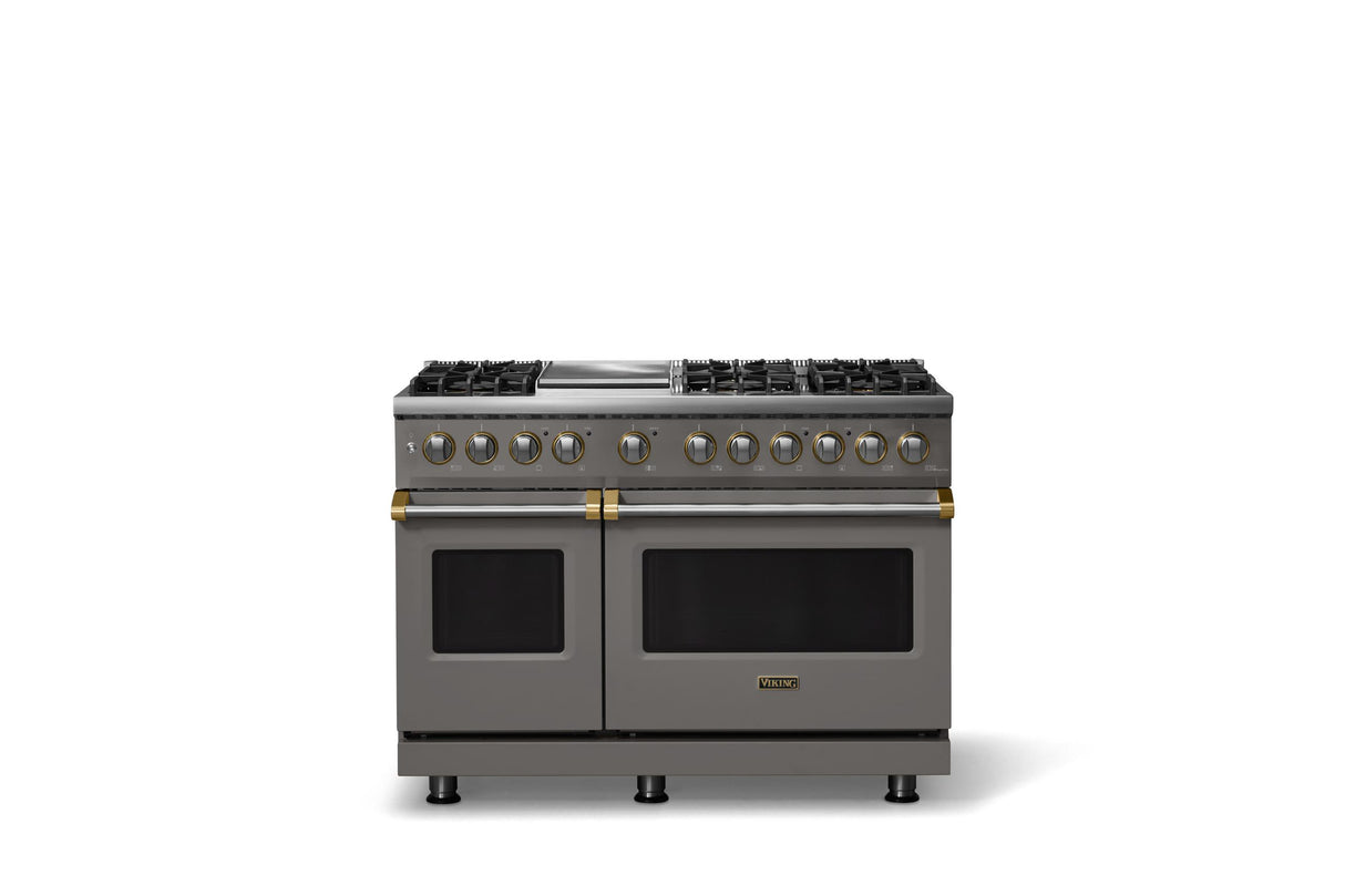 48"W. Dual Fuel Range (Burner: 6g, Finish: Damascus Gray, Trim: Brushed Brass, Fuel: Natural Gas)