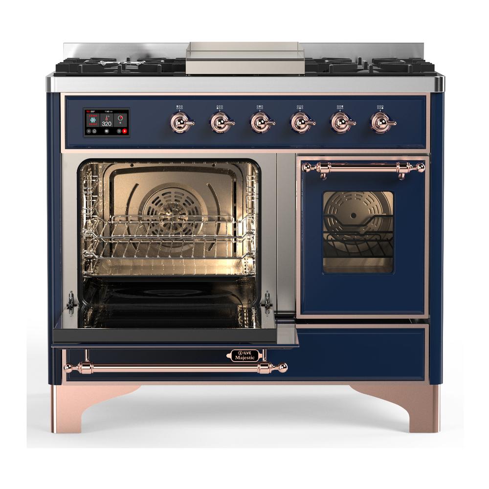 ILVE UMD40FNR3MBP Majestic III 40 inch Dual Fuel Range with 6 Burners and Griddle, Dual Function Burner up to 25,000 BTU (Natural Gas, Triple Glass Door, Midnight Blue, Copper)