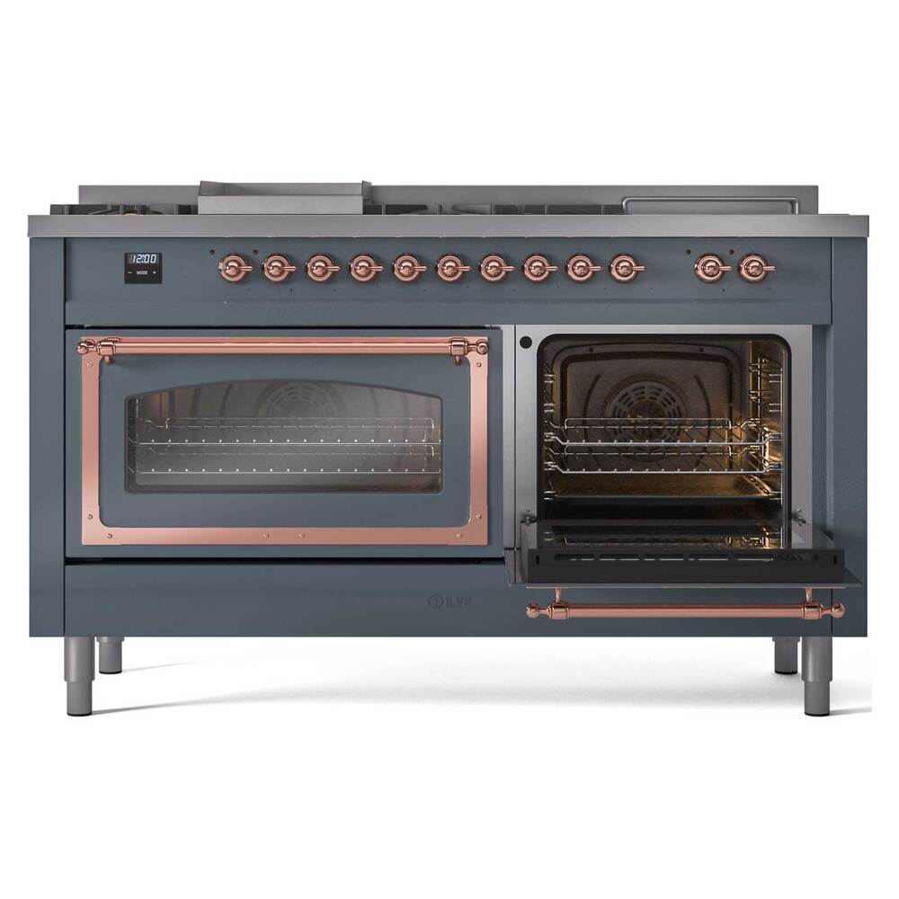 ILVE UN60FSNMPBGP Nostalgie II Noblesse 60 inch Dual Fuel Range (7 Sealed Burners + Griddle + French Top, Natural Gas, Triple Glass Door, Blue Grey, Copper)
