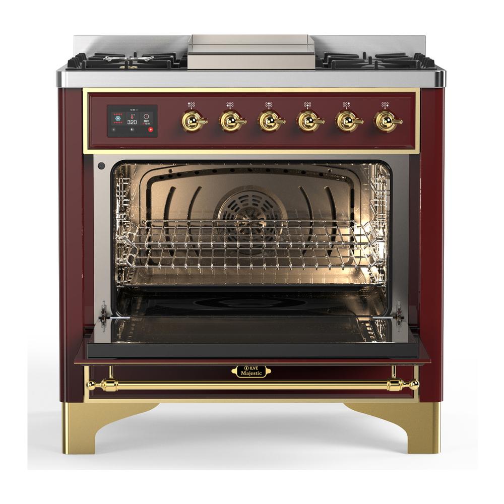 ILVE UM36FNR3BUGLP Majestic III 36 inch Dual Fuel Range with 6 Black Brass Burners and Griddle, Dual Function Burner up to 25,000 BTU (Triple Glass Door, Burgundy, Brass, Liquid Propane)