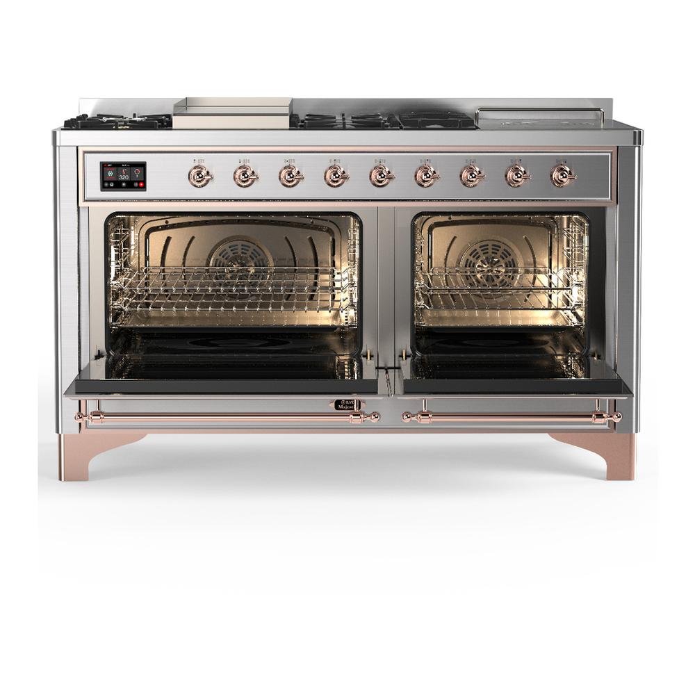 ILVE UM60FSQNR3SSP Majestic III 60 inch Dual Fuel Range with 7 Burners, Griddle and French Top, Dual Function Burner with up to 25,000 BTU (Natural Gas, Solid Door, Stainless Steel, Copper)