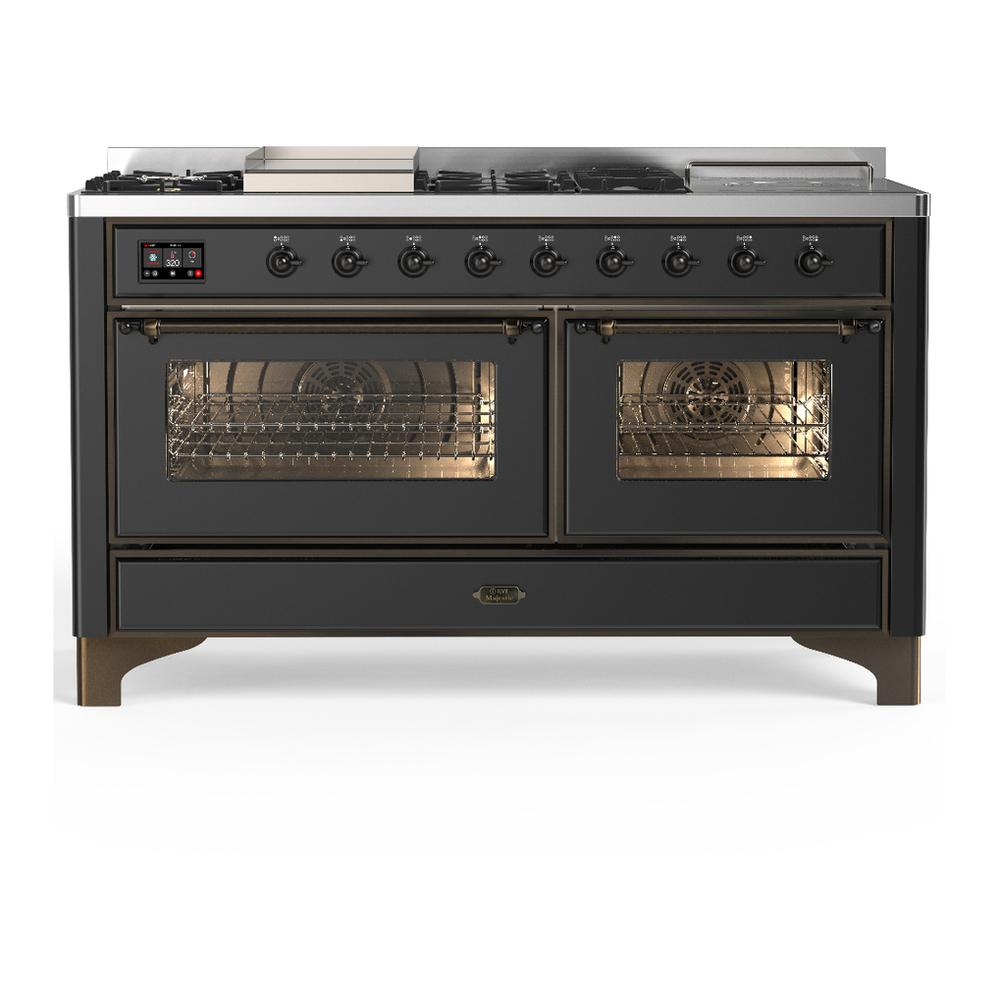 ILVE UM60FSNR3MGB Majestic III 60 inch Dual Fuel Range with 7 Burners, Griddle and French Top, Dual Function Burner with up to 25,000 BTU (Natural Gas, Triple Glass Door, Graphite Matte, Burnished)