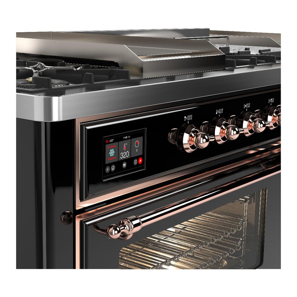ILVE UM60FSNR3BKPLP Majestic III 60 inch Dual Fuel Range with 7 Burners, Griddle and French Top, Dual Function Burner with up to 25,000 BTU (Liquid Propane, Triple Glass Door, Glossy Black, Copper)