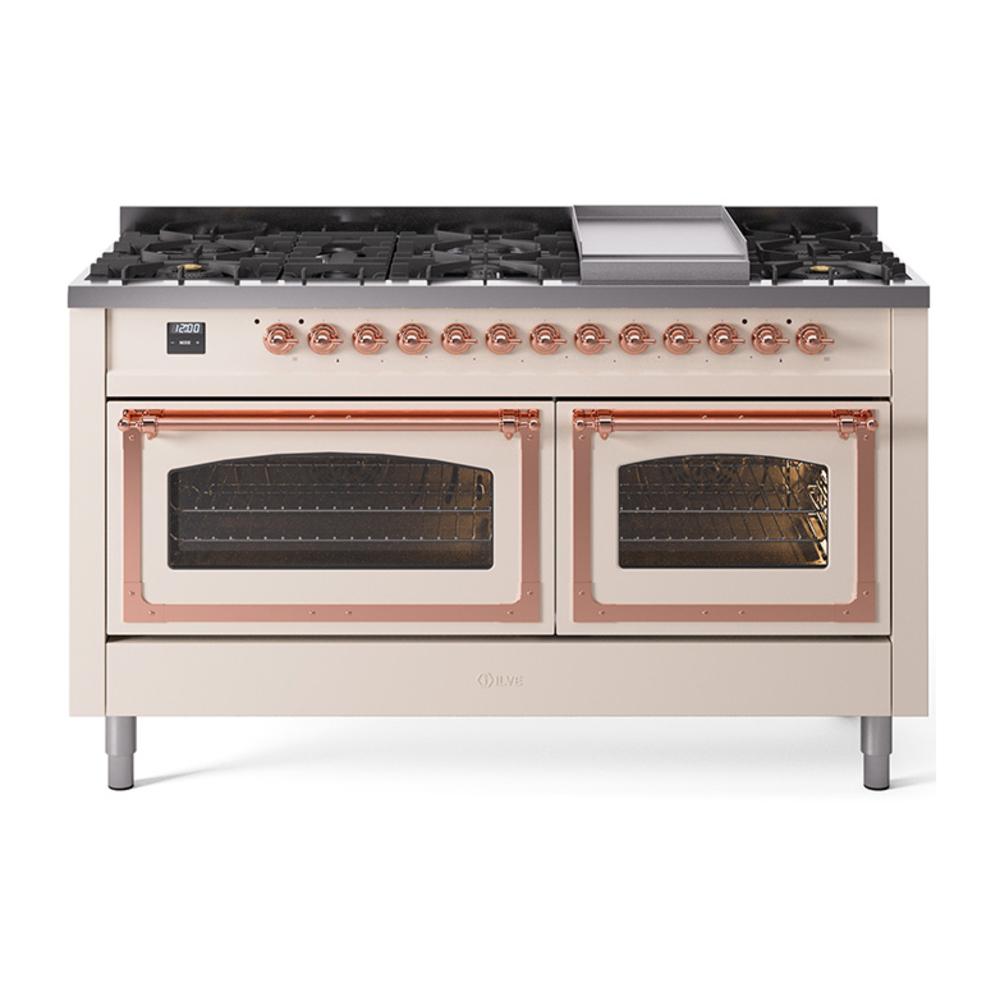 ILVE UN60FNMPAWPLP Nostalgie II Noblesse 60 inch Dual Fuel Range (9 Sealed Burners + Griddle, Liquid Propane, Triple Glass Door, Antique White, Copper)