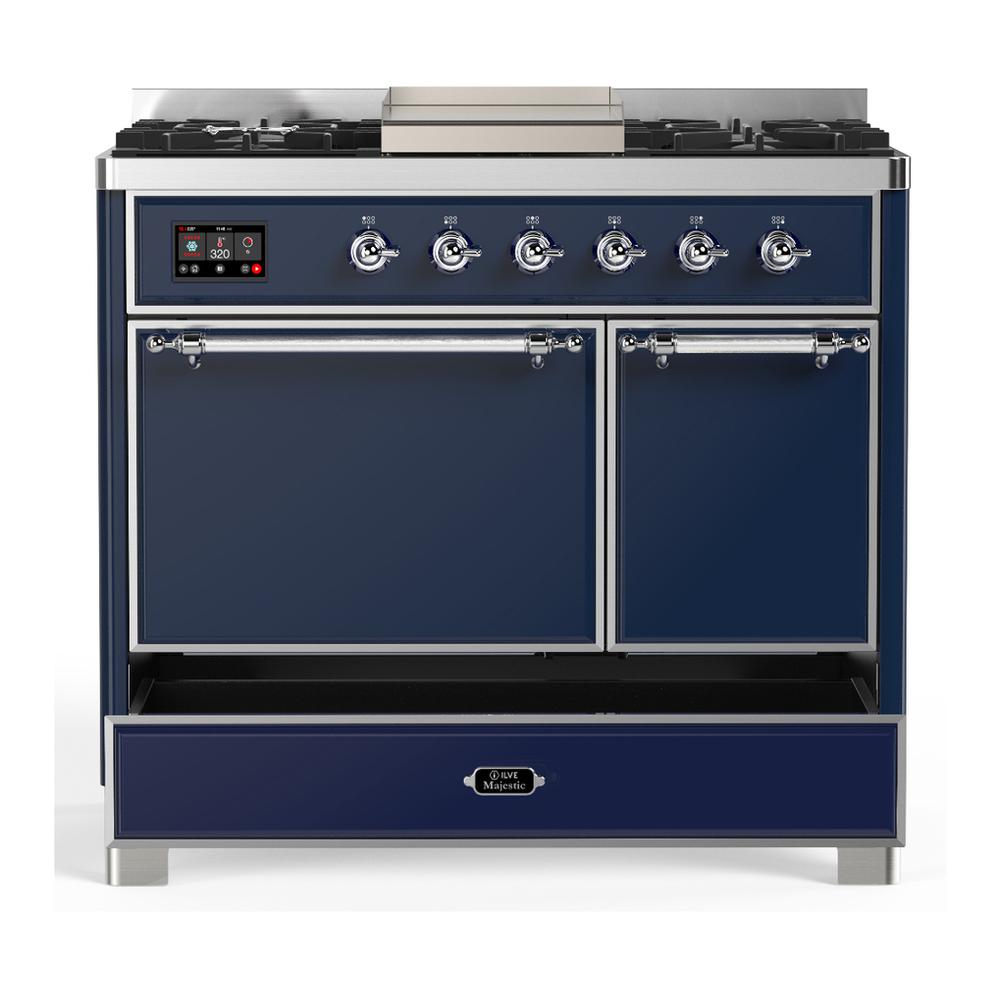 ILVE UMD40FQNR3MBC Majestic III 40 inch Dual Fuel Range with 6 Burners and Griddle, Dual Function Burner up to 25,000 BTU (Natural Gas, Solid Door, Midnight Blue, Chrome)