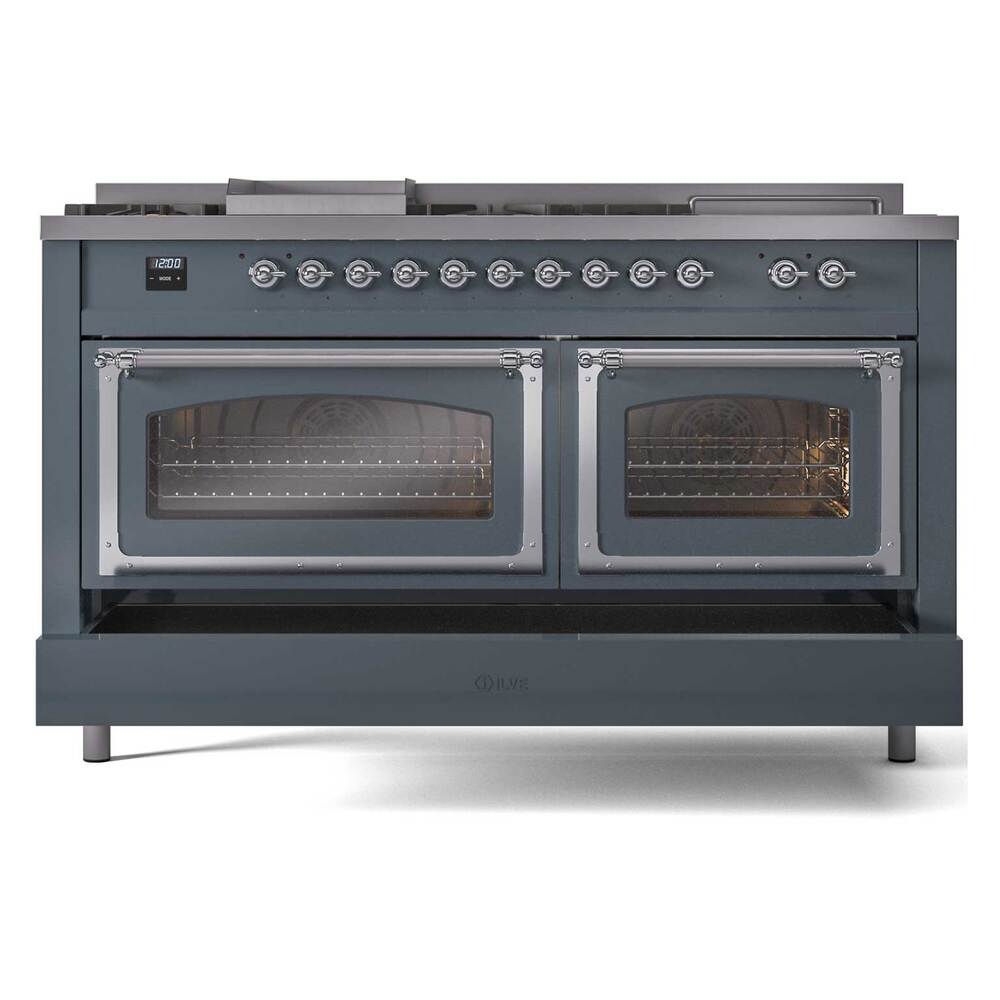 ILVE UN60FSNMPBGCLP Nostalgie II Noblesse 60 inch Dual Fuel Range (7 Sealed Burners + Griddle + French Top, Liquid Propane, Triple Glass Door, Blue Grey, Chrome)