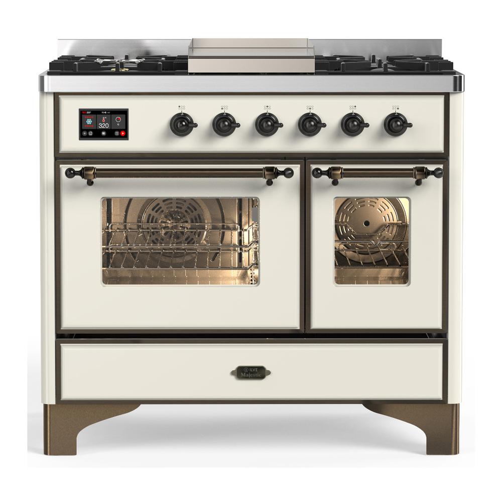 ILVE UMD40FNR3AWB Majestic III 40 inch Dual Fuel Range with 6 Burners and Griddle, Dual Function Burner up to 25,000 BTU (Natural Gas, Triple Glass Door, Antique White, Burnished)