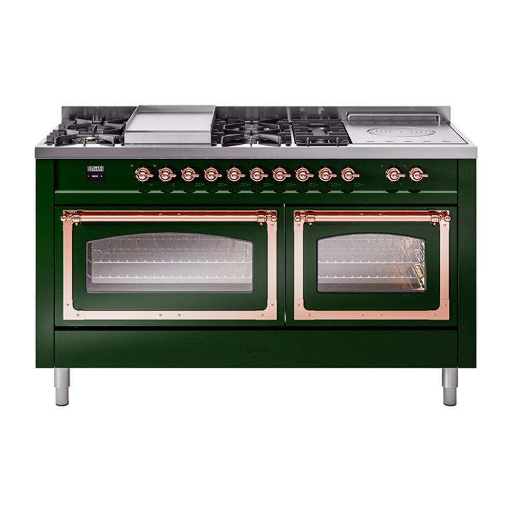 ILVE UN60FSNMPEGPLP Nostalgie II Noblesse 60 inch Dual Fuel Range (7 Sealed Burners + Griddle + French Top, Liquid Propane, Triple Glass Door, Emerald Green, Copper)