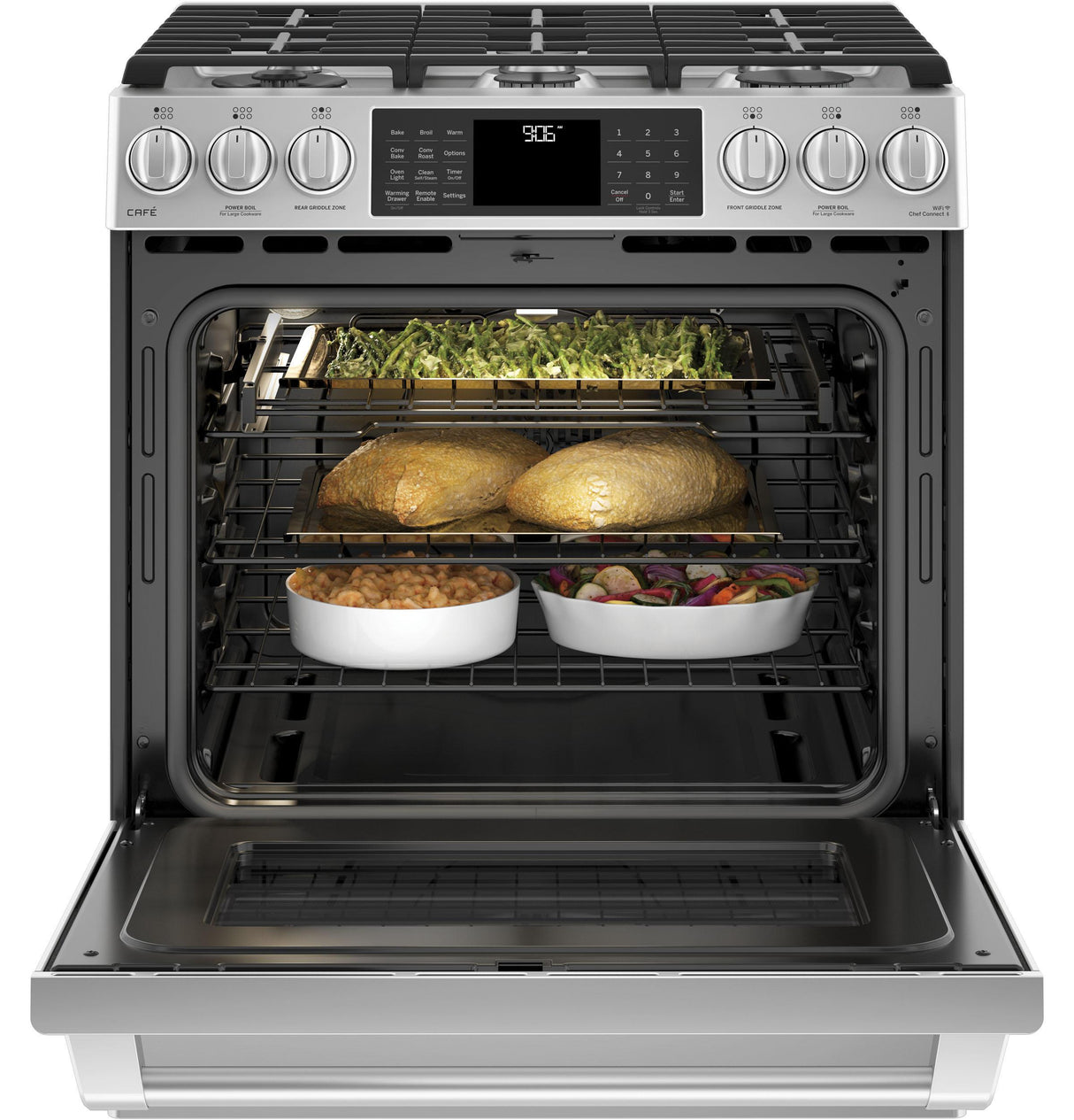 GE Cafe™ Series 30" Slide-In Front Control Range with Warming Drawer