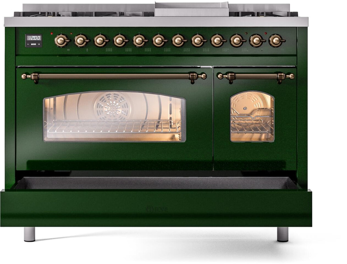 Nostalgie II 48 Inch Dual Fuel Natural Gas Freestanding Range in Emerald Green with Bronze Trim