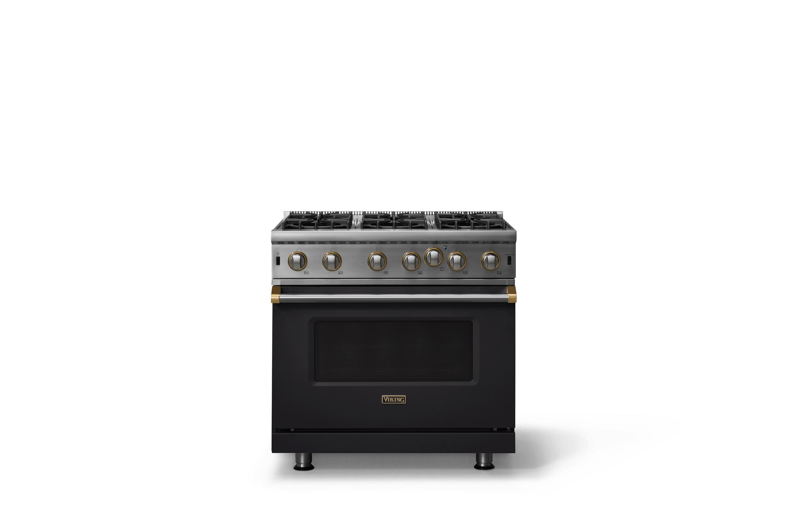 36"W. Open Burner Gas Range (Finish: Onyx, Trim: Brushed Brass, Fuel: Propane)