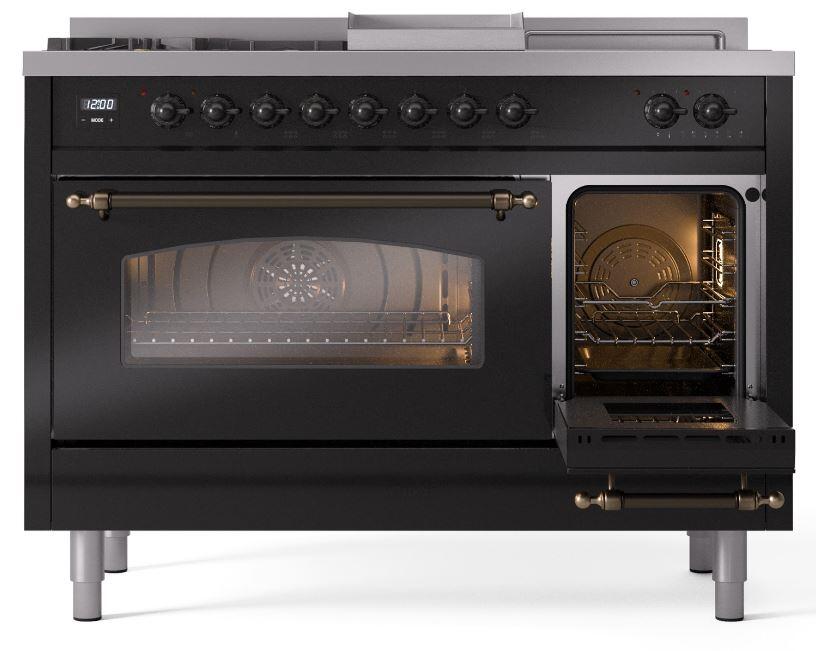 Nostalgie II 48 Inch Dual Fuel Natural Gas Freestanding Range in Glossy Black with Bronze Trim