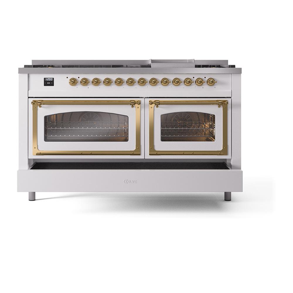 ILVE UN60FNMPWHGLP Nostalgie II Noblesse 60 inch Dual Fuel Range (9 Sealed Burners + Griddle, Liquid Propane, Triple Glass Door, White, Brass)