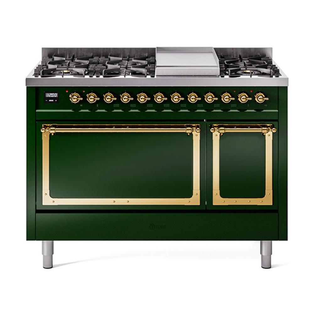 ILVE UN48FQNMPEGG Nostalgie II Noblesse 48 inch Dual Fuel Range (8 Sealed Burners + Griddle, Natural Gas, Solid Door, Emerald Green, Brass)