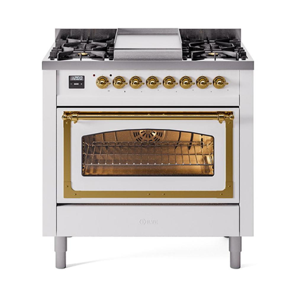 ILVE UN36FNMPWHGLP Nostalgie II Noblesse 36 inch Dual Fuel Range (Liquid Propane, Triple Glass Door, White, Brass)