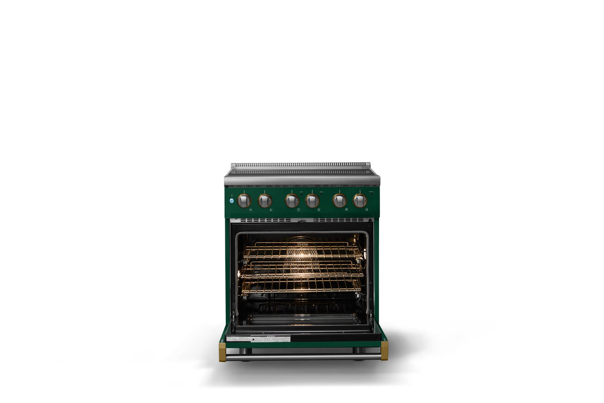 30"W. Electric Range (Finish: Ivy, Trim: Brushed Brass)