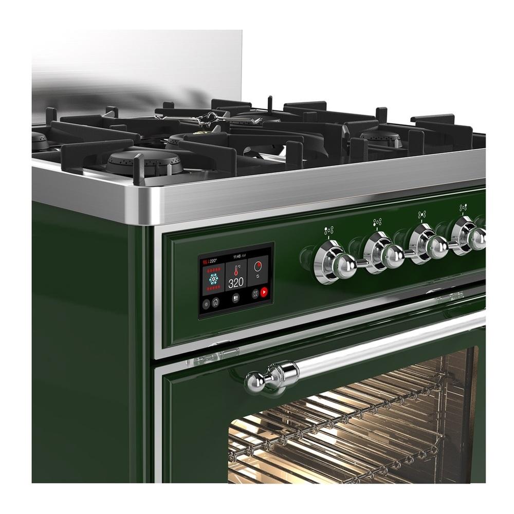 ILVE UM30NR3EGC Majestic III 30 inch Dual Fuel Range with 5 Black Brass Burners, Dual Function Burner up to 25,000 BTU (Natural Gas, Triple Glass Door, Emerald Green, Chrome)