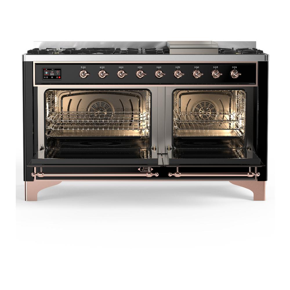 ILVE UM60FQNR3BKP Majestic III 60 inch Dual Fuel Range with 9 Burners and Griddle, Dual Function Burner up to 25,000 BTU (Natural Gas, Solid Door, Glossy Black, Copper)